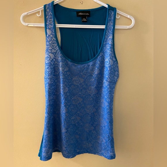 Seduction blue lifted flower pattern sheer/front tank top - Picture 1 of 8
